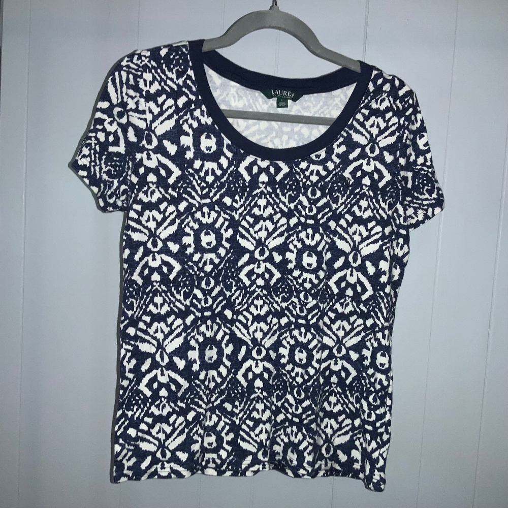 Lauren Ralph Lauren cotton blue and white ikat geometric short sleeve tee Sz L